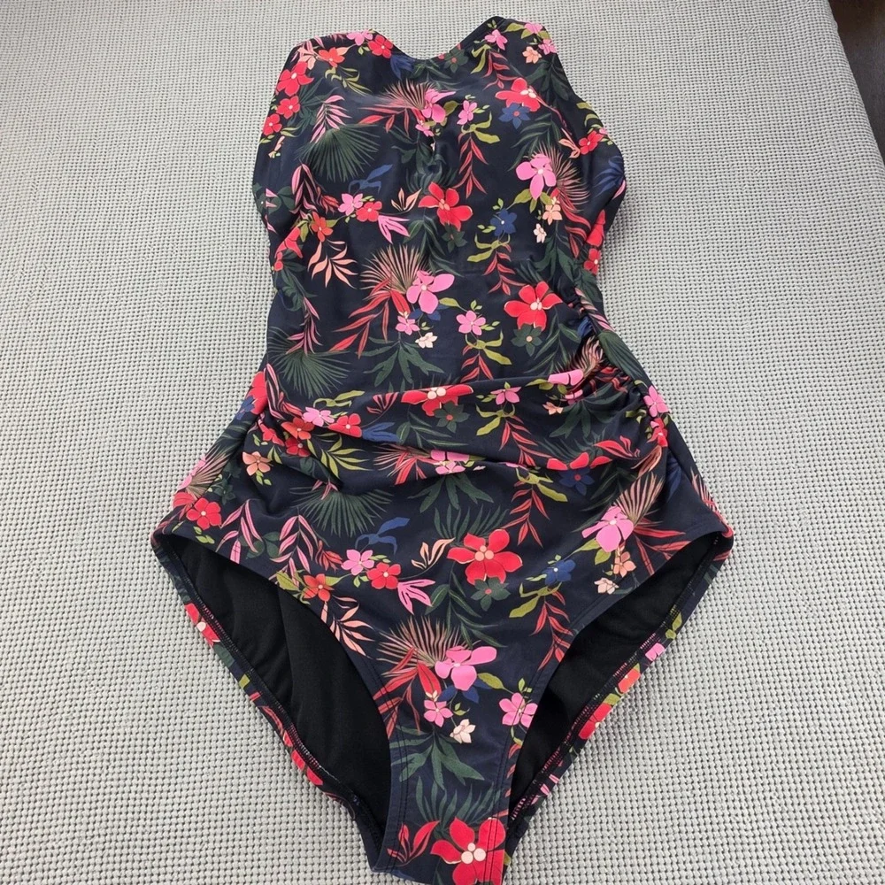Target Floral One Piece Swimsuit Black Pink Tropical Full Seat Coverage MED 598
